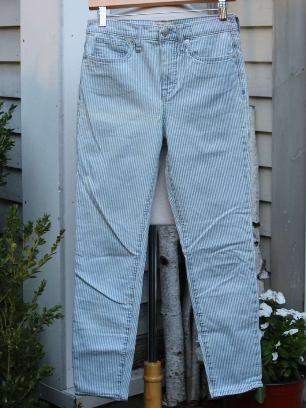 Madewell Blue White Railroad Stripe Stretch High Rise Skinny Crop Jeans Sz 26